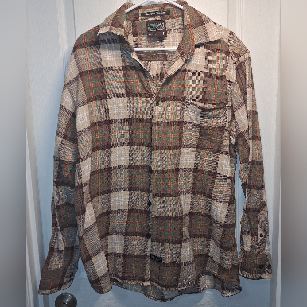 Southpole Plaid Flannel Shirt Brown Green Large